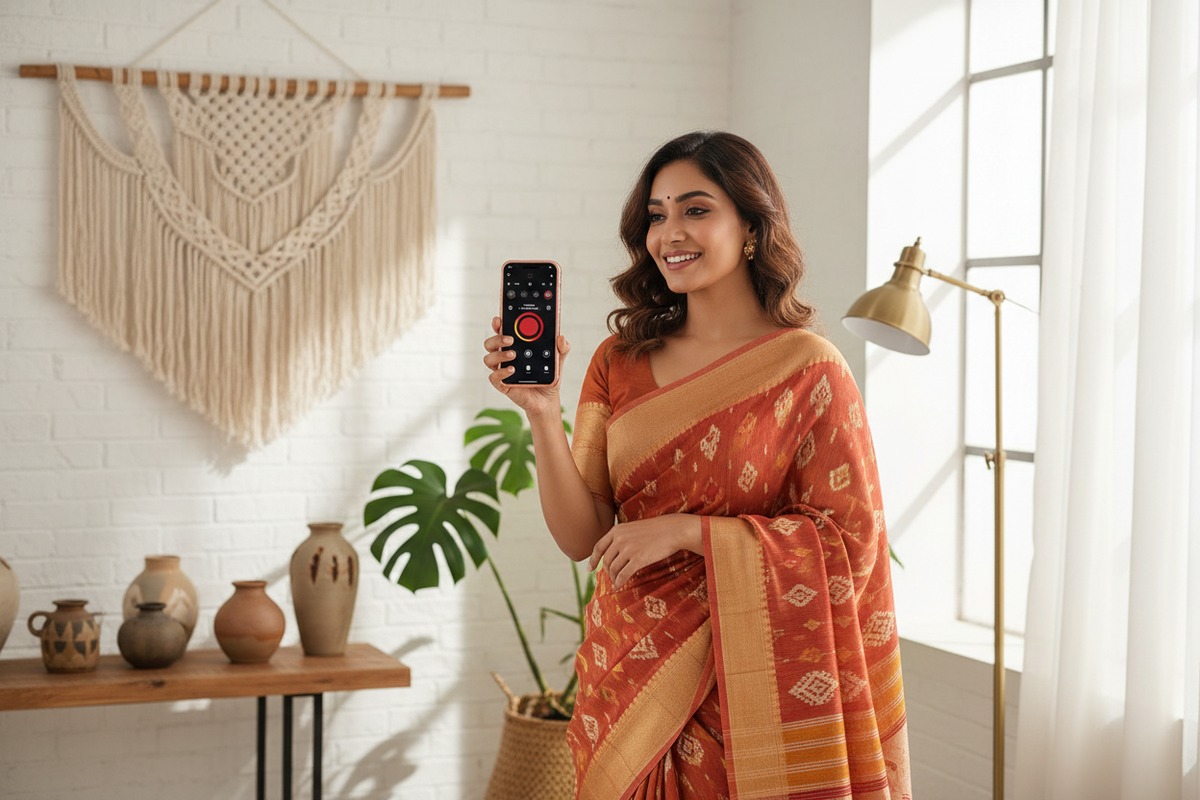 Influencer filming Instagram Reels in Mandakni dress