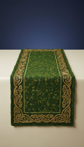 Handwoven Verdant Moss Table Runner with Carved Border Motif