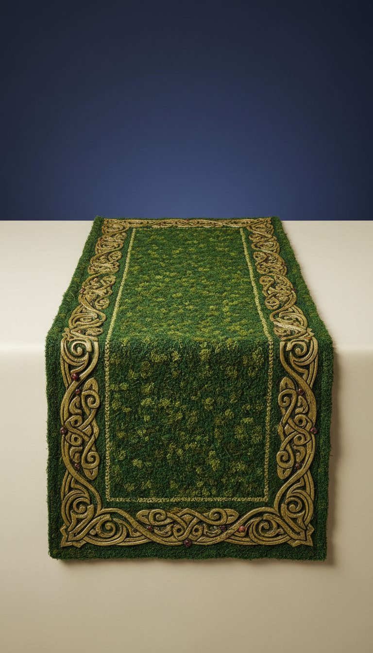 Handwoven Verdant Moss Table Runner with Carved Border Motif